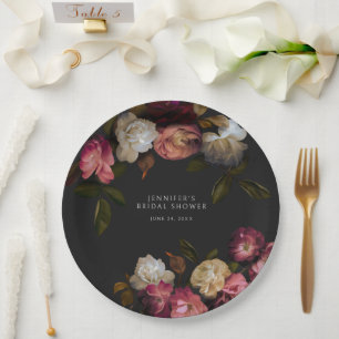 Dark Burgundy & Cream Peonies Black Dusche Pappteller