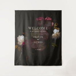 Dark Burgundy Floral Moody Romantic Welcome Sign Wandteppich