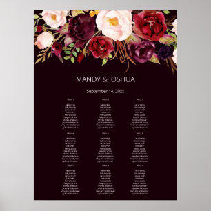 Dark Burgundy Marsala Floral Seating Chart -9 Poster