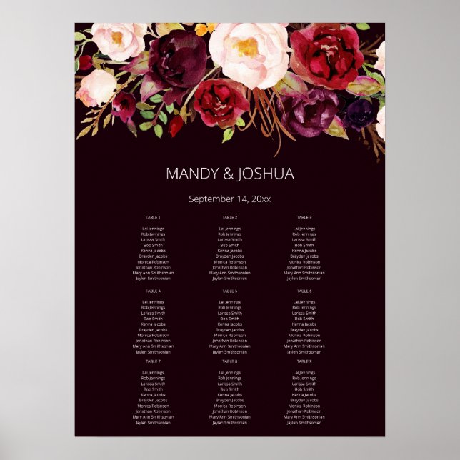 Dark Burgundy Marsala Floral Seating Chart -9 Poster (Vorne)