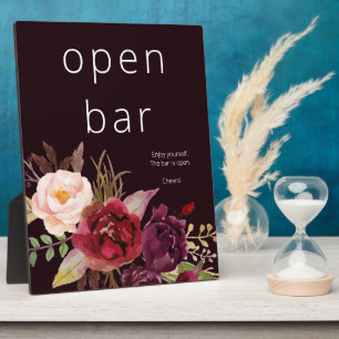 Dark Burgundy Marsala Pink Floral Open Bar Sign Fotoplatte