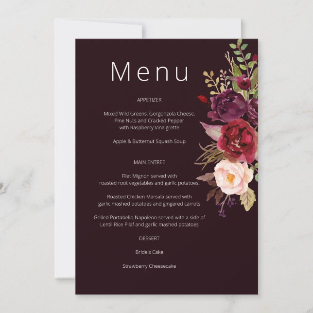 Dark Burgundy Marsala und Blush Floral Menu Einladung (Vorderseite)
