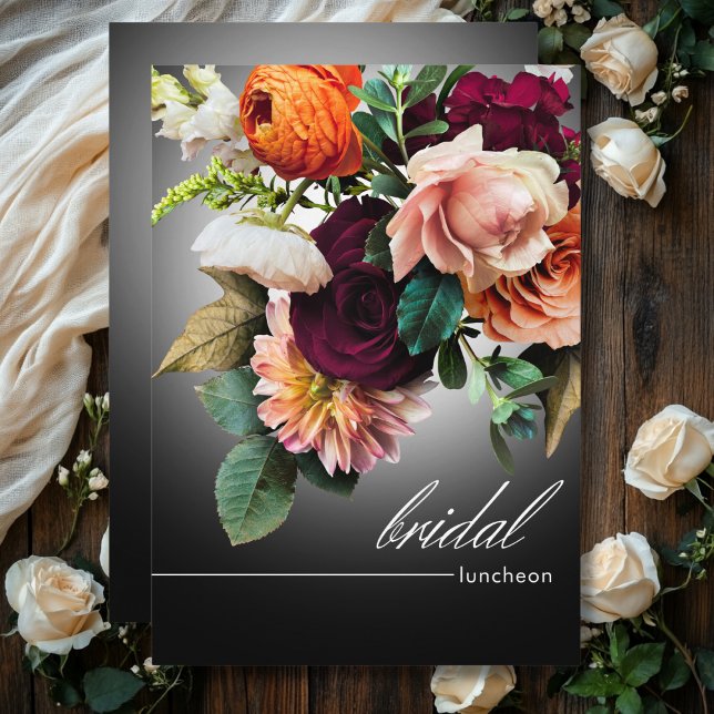 Dark Burgundy & Orange Floral Romance Bridal Lunch Einladung (Dark Burgundy & Orange Floral Romance Bridal Lunch Invitation)