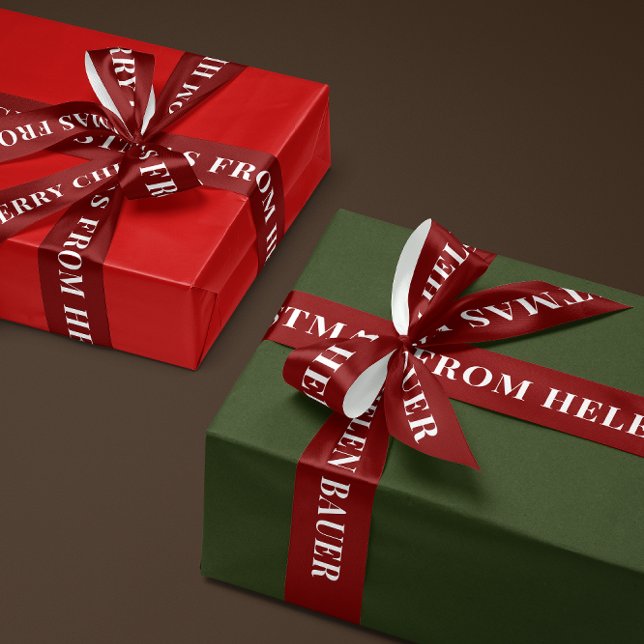 Dark Burgundy Red Simple Text Merry Christmas Gift Satinband (personalized white text on burgundy red satin Merry Christmas ribbon with custom name)