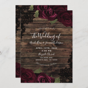 Dark Burgundy Rose Wood Black Lace Wedding Einladung