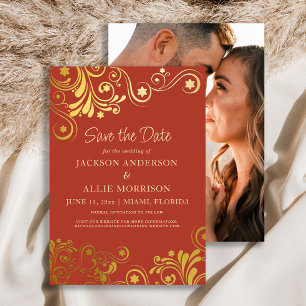 Dark Burnt Orange Gold Wirbel Foto Hochzeit Save The Date
