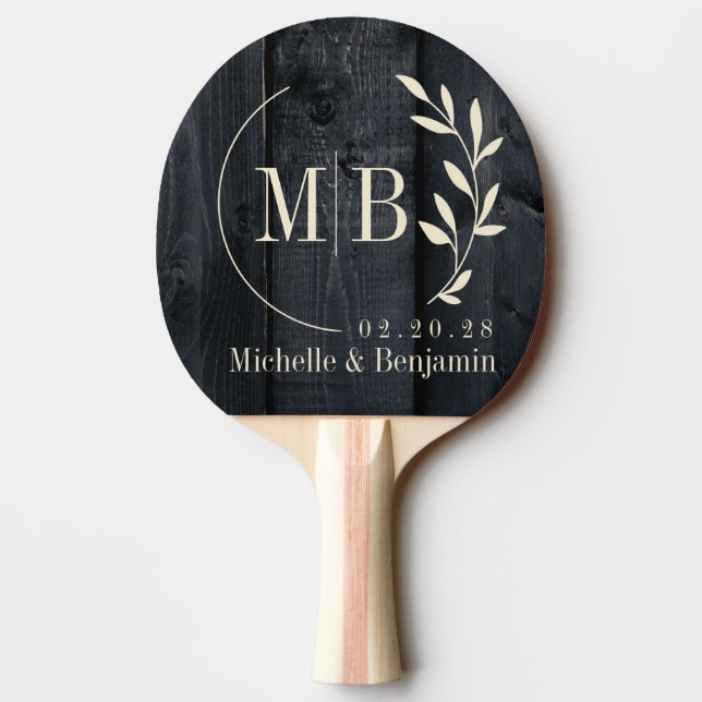Dark Burnt Wood Leaf Wedding Monogram Tischtennis Schläger (Rückseite)
