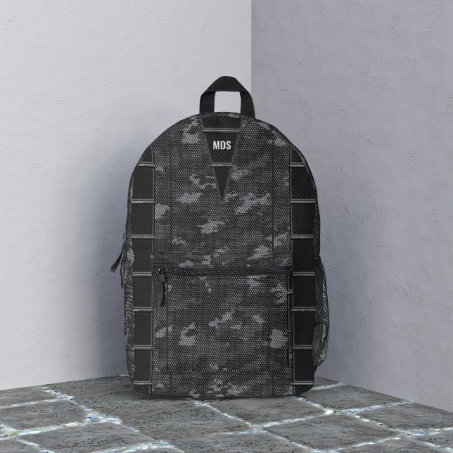 Dark Camouflage Monogram Printed Backpack Bedruckter Rucksack (A dark gray camo backpack with space for your initials)