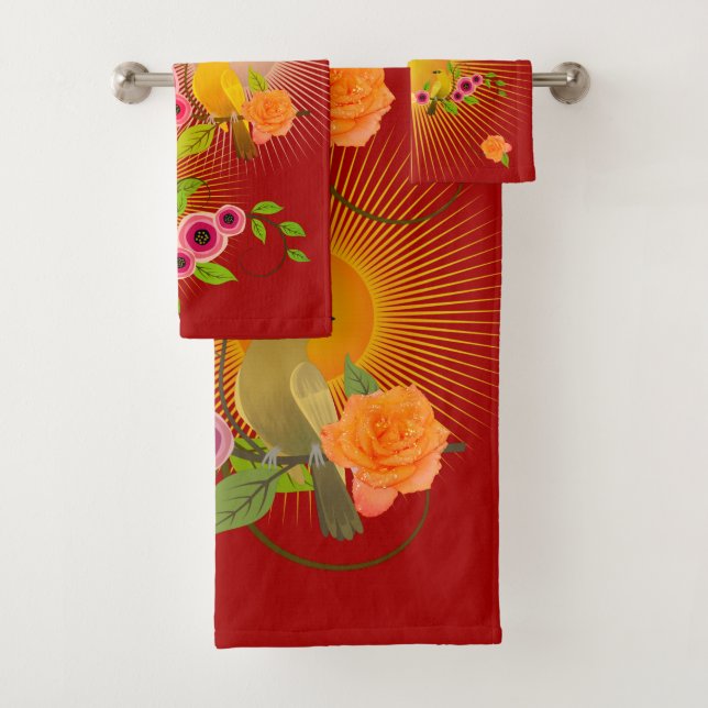 Dark Candy Apple Red Dew Drops & Sunshine Badhandtuch Set (Insitu)