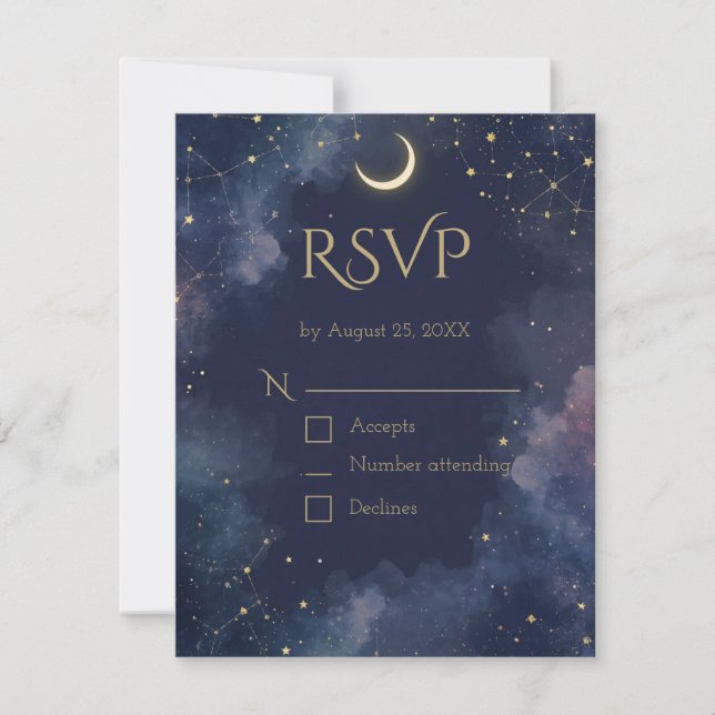 Dark Celestial RSVP Card | Crescent Moon & QR Code Karte (Vorderseite)