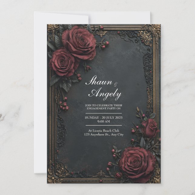 Dark Charcoal Burgundy Rose Floral Wedding Einladung (Vorderseite)