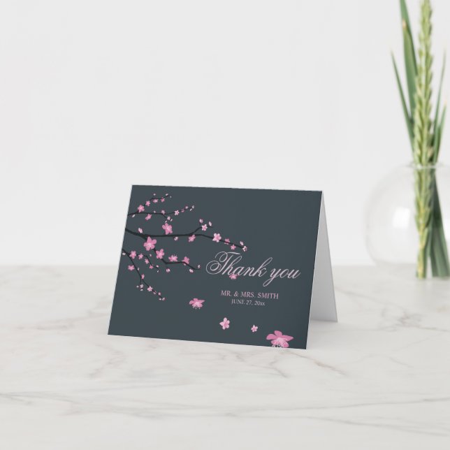 Dark Cherry Blossom Hochzeit Danke Note Card (Vorderseite)