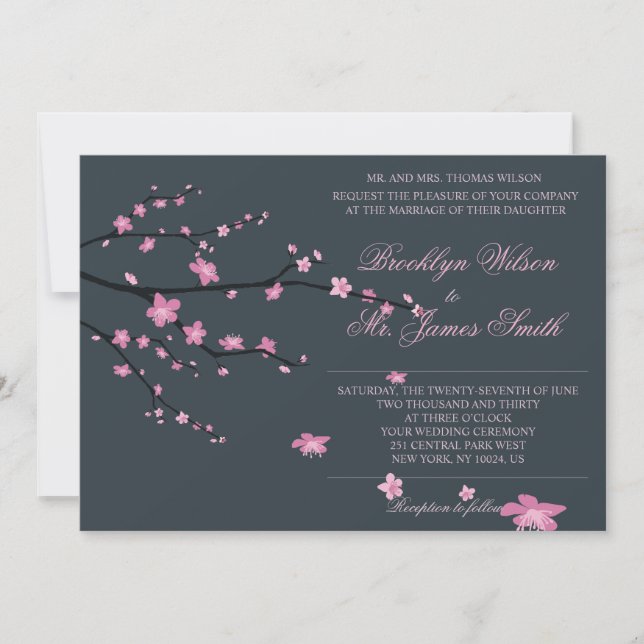 Dark Cherry Blossom Hochzeitseinladung Einladung (Vorderseite)