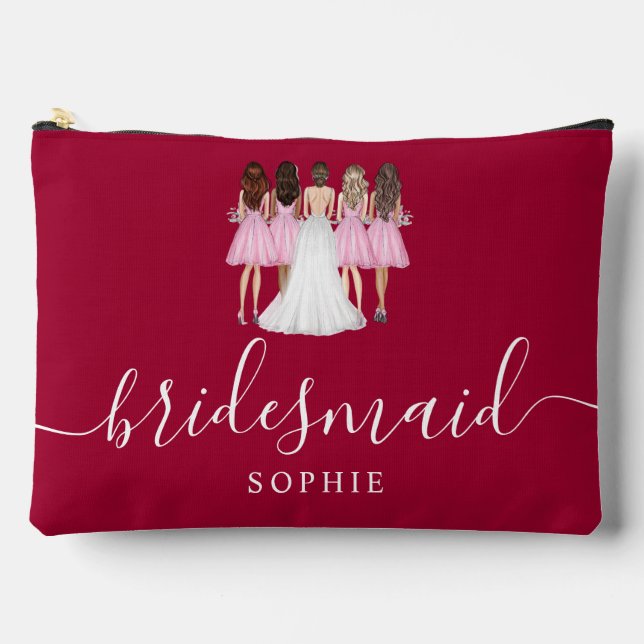 Dark Cherry Red Bridesmaid Modernes Script Zubehörtasche (Vorderseite)