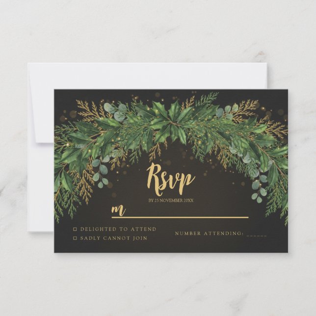Dark Christmas Greenery Arch Wedding RSVP Card Karte (Vorderseite)