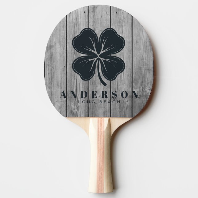 Dark Clean Gray Wood Four Leaf Clover with Name Tischtennis Schläger (Rückseite)