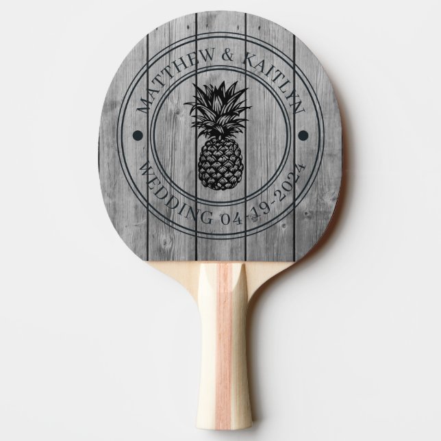 Dark Clean Gray Wood Pineapple Wedding Crest &Name Tischtennis Schläger (Rückseite)