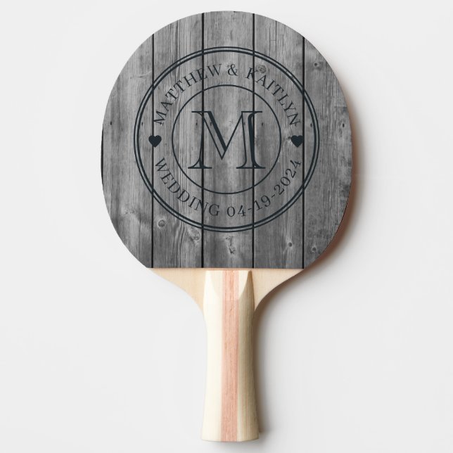Dark Clean Gray Wood Wedding Monogram Heart Tischtennis Schläger (Vorderseite)