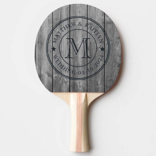 Dark Clean Gray Wood Wedding Monogram Star Tischtennis Schläger (Vorderseite)