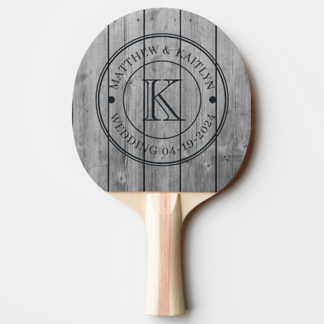 Dark Clean Gray Wood Wedding Monogram Tischtennis Schläger (Rückseite)