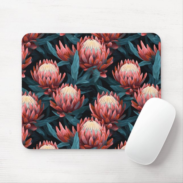 Dark Coral Bold Protea Floral Mousepad (Mit Mouse)