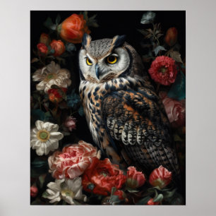 Dark Cottagecore Owl And Flowers Art Print Poster