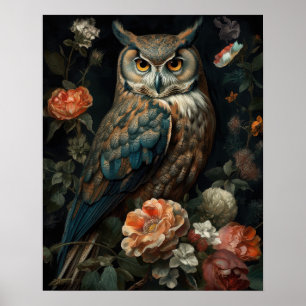 Dark Cottagecore Owl And Flowers Art Print Poster