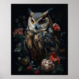 Dark Cottagecore Owl And Flowers Art Print Poster