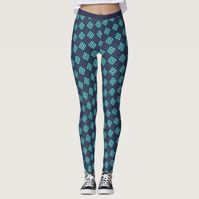 Dark Cyan Blue Aquamarine Square Pattern Fitness Leggings (Vorderseite)