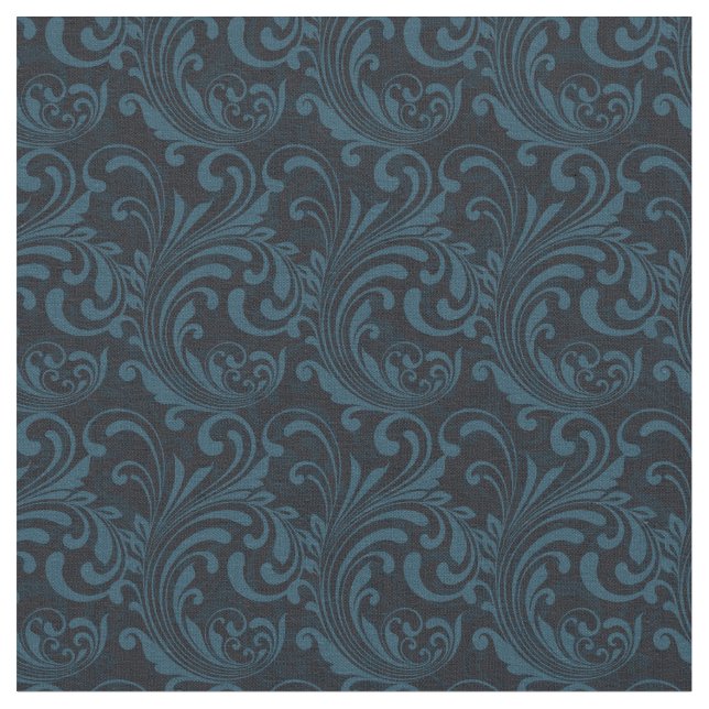 Dark Damask Blue Black Swirl Maskuline Muster Stoff (Nahaufnahme)