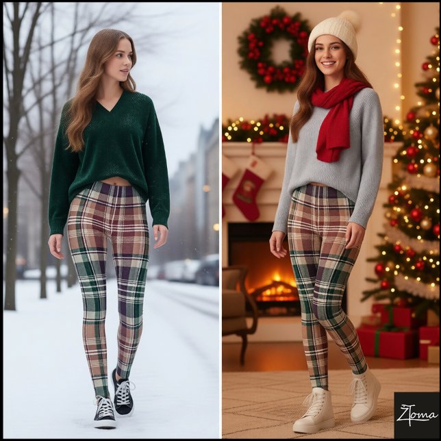 Dark Earthy Green Tan Tartan Plaid Leggings (Von Creator hochgeladen)