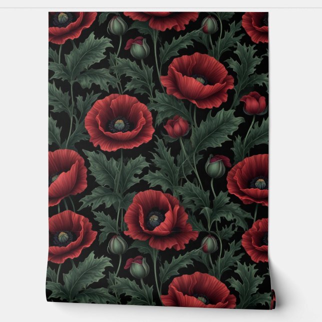 Dark Elegance: Krimson Poppies und Verdant Blätter Tapete (Abrollen)