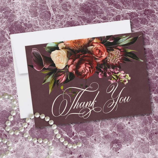 Dark Elegant Autumn Floral Burgundy Wedding Dankeskarte (Dark Elegant Autumn Floral Burgundy Wedding Thank You Card)