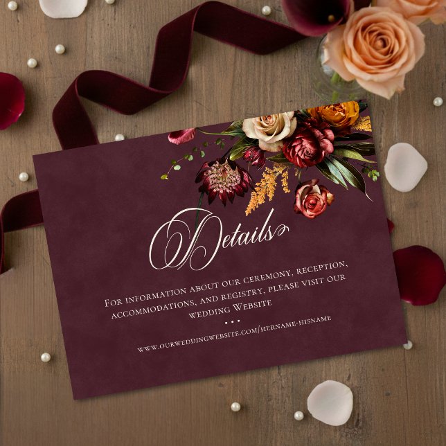 Dark Elegant Autumn Floral Burgundy Wedding Detail Begleitkarte (Von Creator hochgeladen)