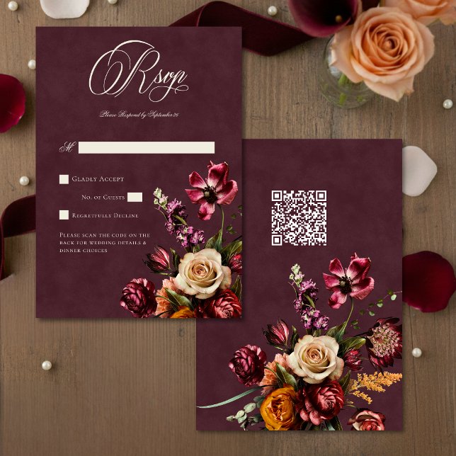 Dark Elegant Autumn Floral Burgundy Wedding QR RSVP Karte (Von Creator hochgeladen)