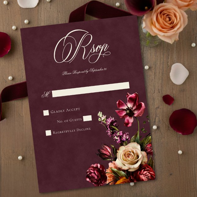 Dark Elegant Autumn Floral Burgundy Wedding RSVP Karte (Von Creator hochgeladen)