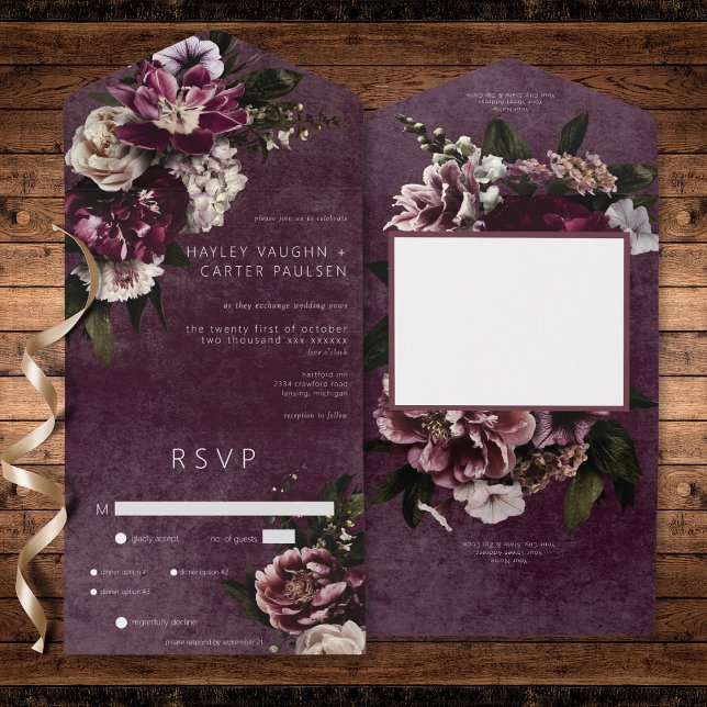 Dark Elegant Burgund & White Floral Dinner All In One Einladung (Dark Elegant Burgundy & White Floral Dinner All In One Invitation)