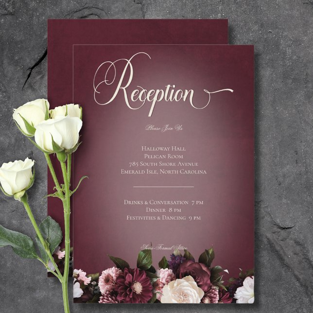 Dark Elegant Burgundy Cream Blur Empfang Begleitkarte (Dark Elegant Burgundy Cream Blur Floral Reception Enclosure Card)