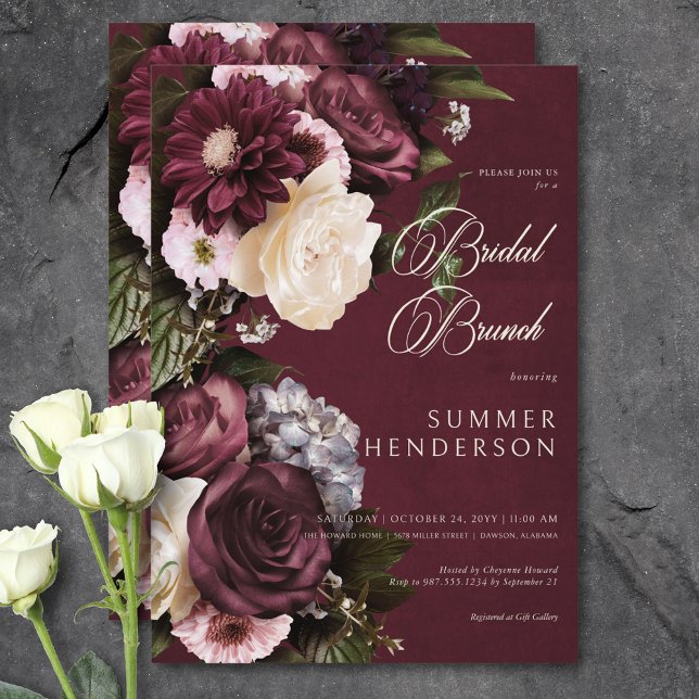 Dark Elegant Burgundy & Cream Floral Bridal Brunch Einladung (Dark Elegant Burgundy & Cream Floral Bridal Brunch Invitation)