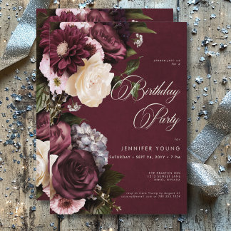 Dark Elegant Burgundy & Cream Floral Geburtstag Einladung