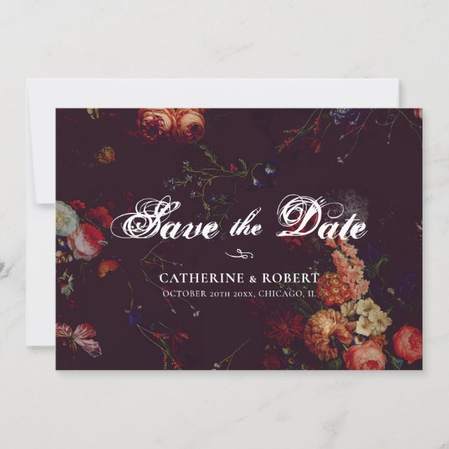 Dark Elegant Burgundy Moody Floral Foto Save The Date (Vorderseite)
