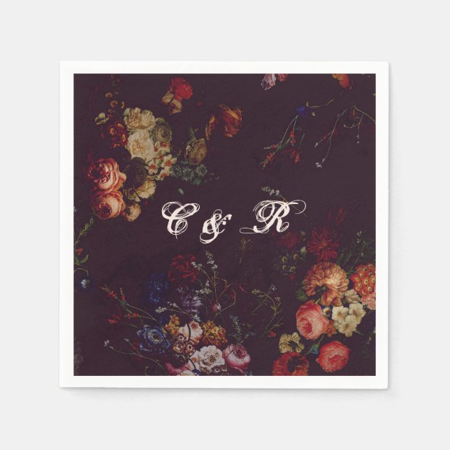 Dark Elegant Burgundy Moody Floral Name Intitials Serviette (Vorderseite)