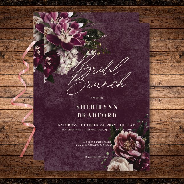 Dark Elegant Burgundy & White Floral Bridal Brunch Einladung (Dark Elegant Burgundy & White Floral Bridal Brunch Invitation)