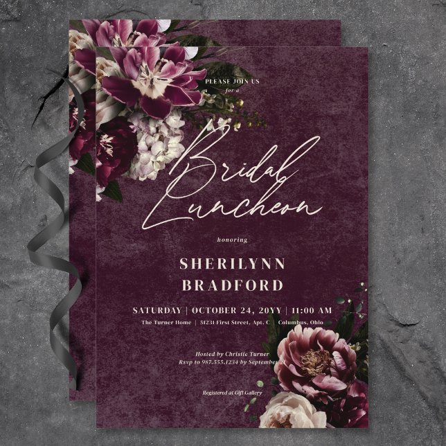 Dark Elegant Burgundy & White Floral Bridal Brunch Einladung (Dark Elegant Burgundy & White Floral Bridal Brunch Invitation)
