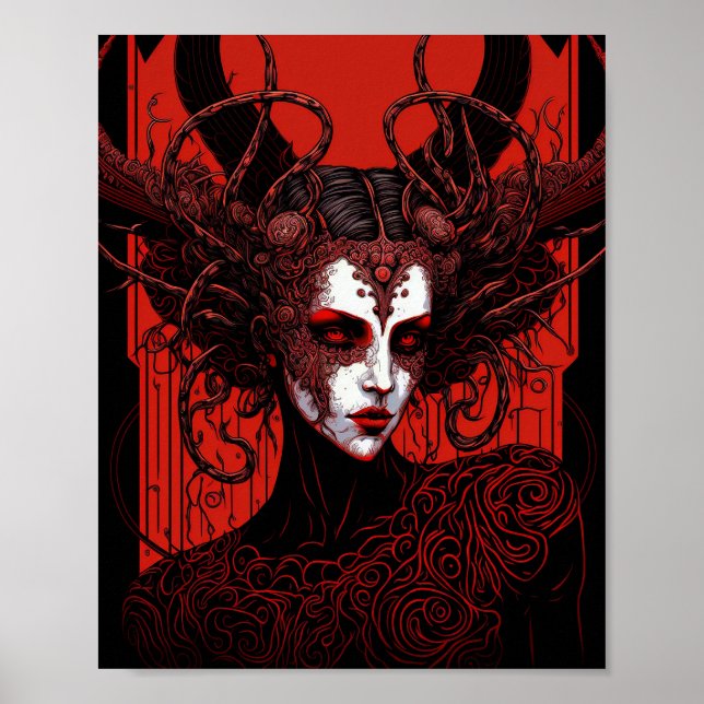 Dark Elf Demon Red Black Fantasy Art Poster (Vorne)