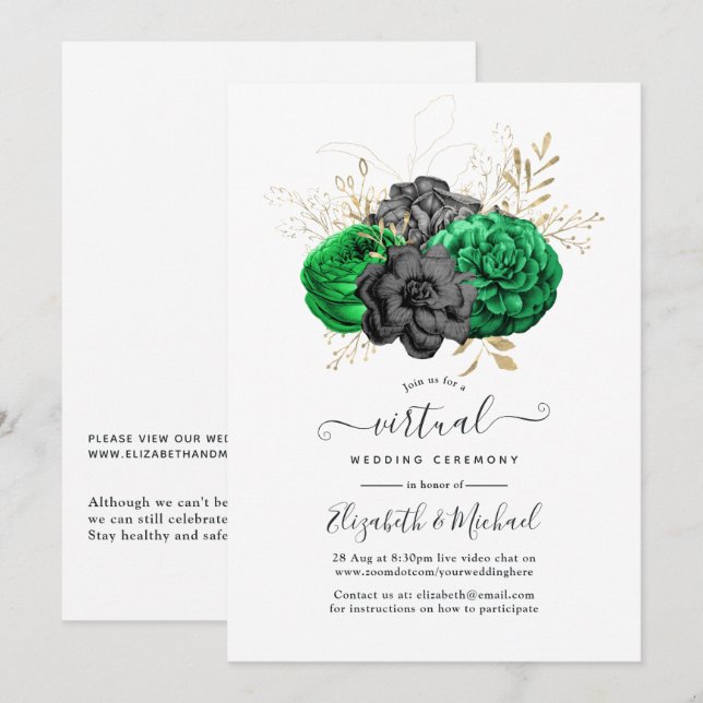 Dark Emerald and Gold Floral Virtual Wedding Einladung (Vorne/Hinten)