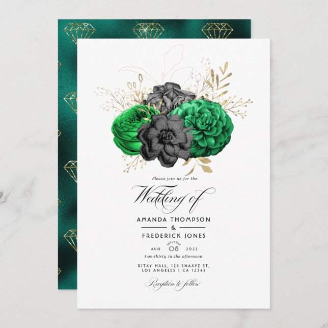 Dark Emerald and Gold Floral Wedding Einladung (Vorne/Hinten)