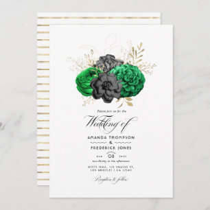 Dark Emerald and Gold Floral Wedding Foto Einladung