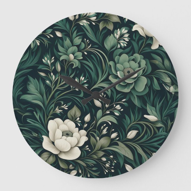 Dark Emerald Green Floral Große Wanduhr (Vorderseite)