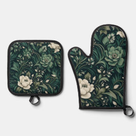 Dark Emerald Green Floral Ofenhandschuh & Topflappen-Set